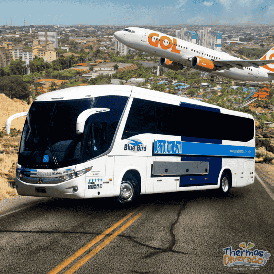 Ônibus de viagem e avião sobrevoando a cidade de Olímpia, representando as principais rotas, distâncias e opções de transporte para chegar ao destino turístico.