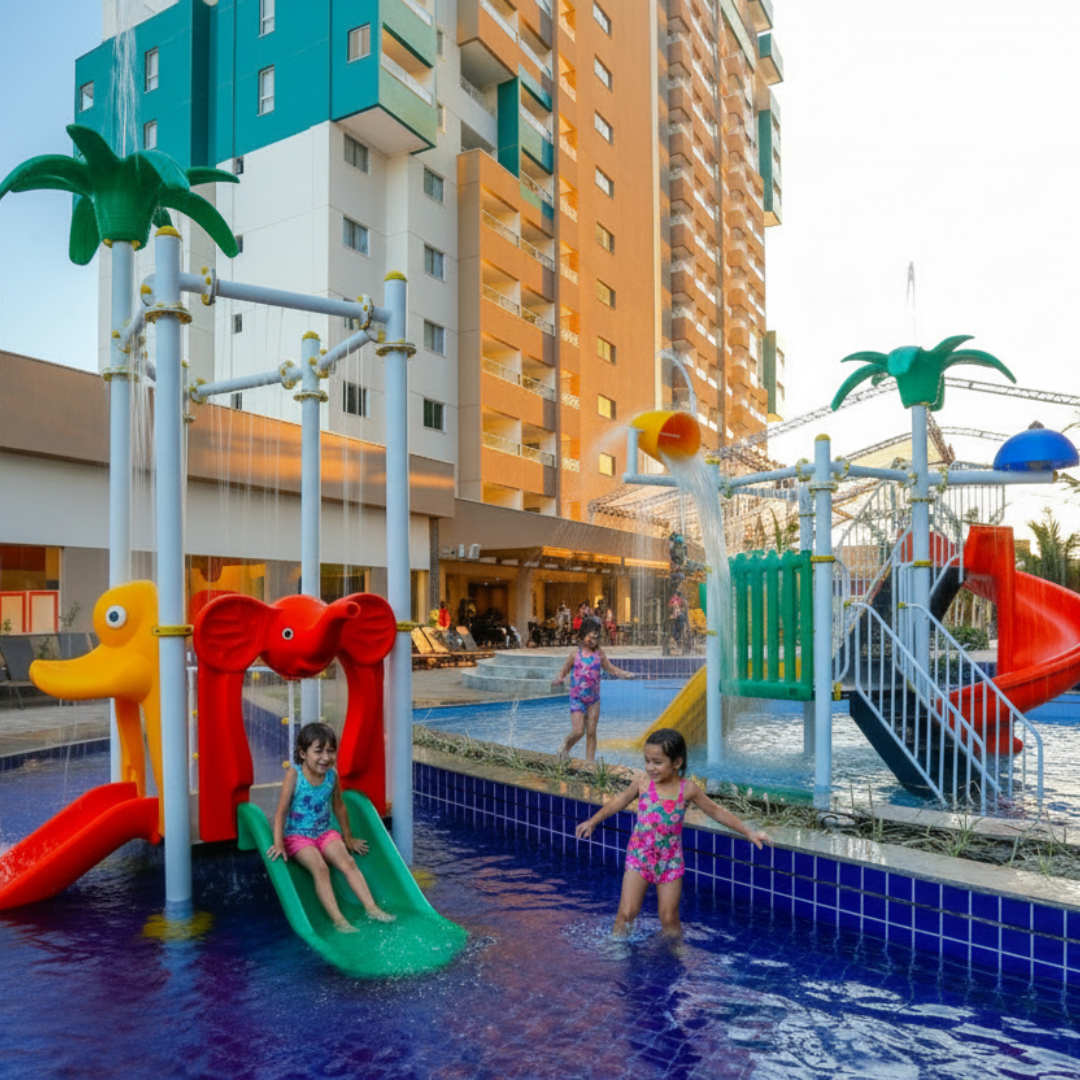 Crianças brincando na área infantil aquática do Enjoy Olímpia Park Resort, com escorregadores coloridos e piscina rasa em frente ao prédio principal.