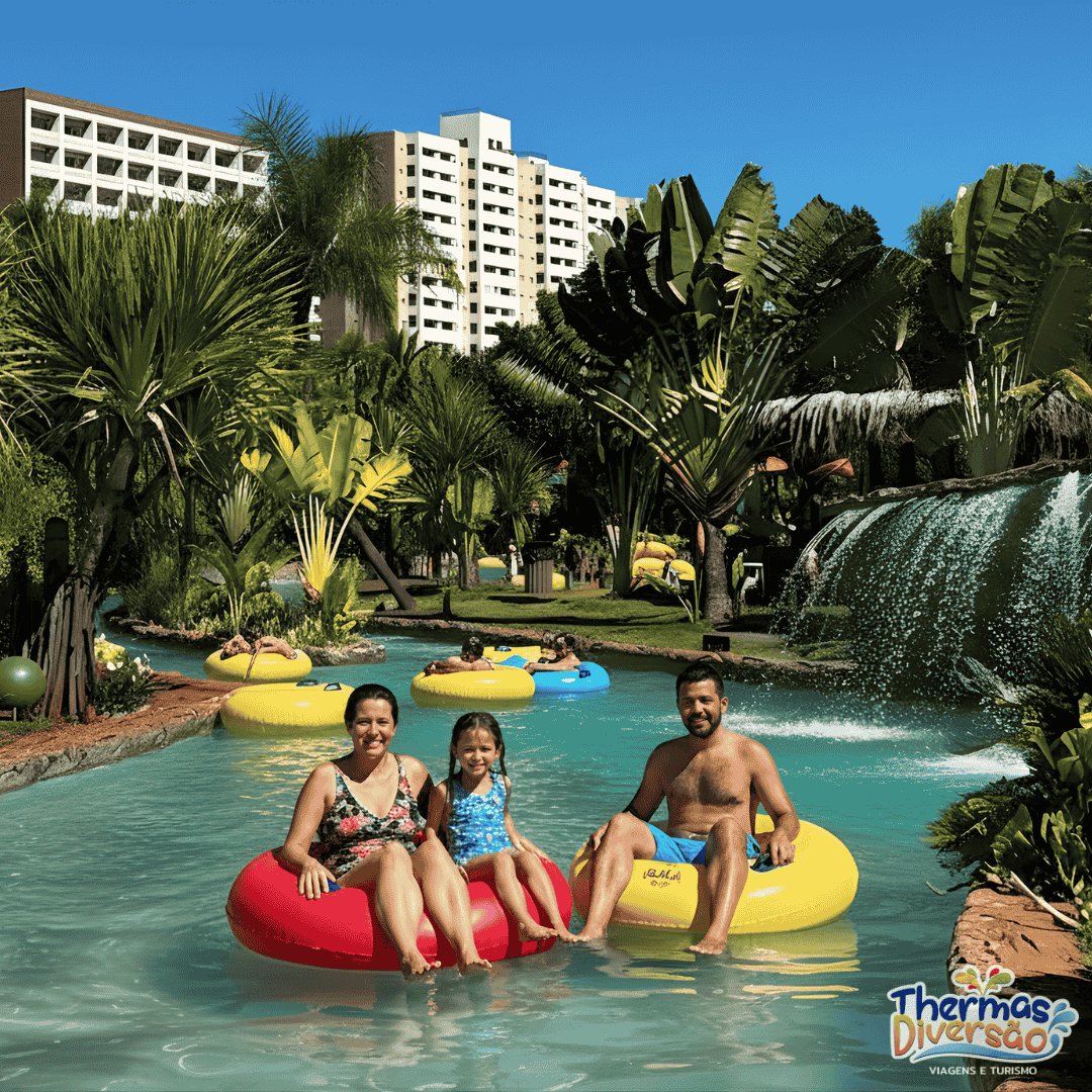 Família sorrindo enquanto aproveita o rio lento no Hot Beach Parque, em Olímpia, flutuando em boias coloridas cercadas por vegetação tropical e cachoeira artificial, transmitindo diversão e relaxamento para todas as idades.