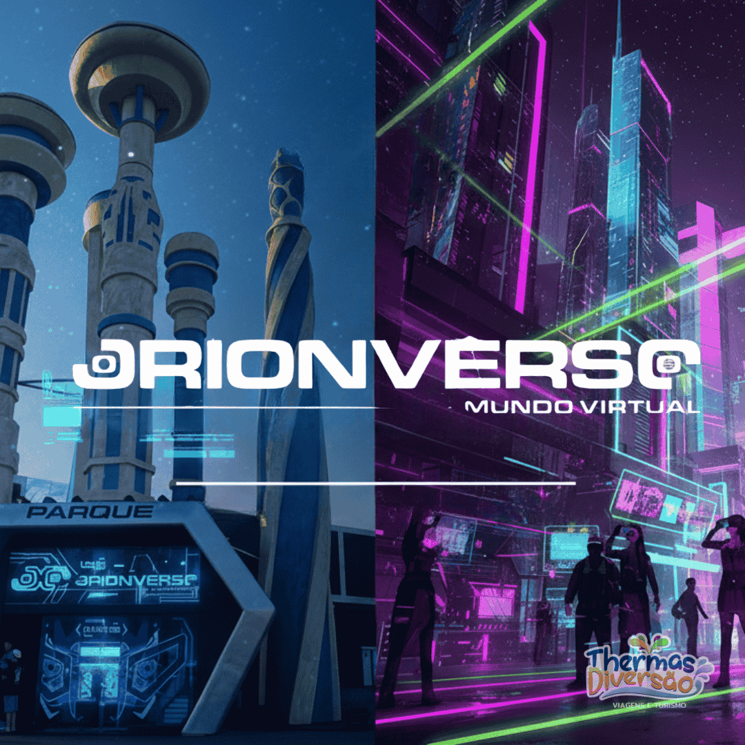 Imagem comparando as atrações Orion e Mundo Virtual em Olímpia, mostrando à esquerda o prédio futurista do Orionverso sob o céu azul e à direita um cenário digital neon com pessoas usando realidade virtual, representando o Mundo Virtual.