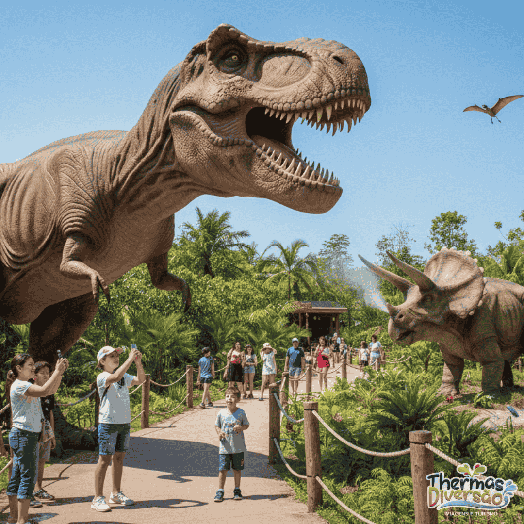 Visitantes caminhando pelo Vale dos Dinossauros em Olímpia, cercados por réplicas gigantes de dinossauros como Tiranossauro Rex e Tricerátops, em um cenário verde e ensolarado que recria o ambiente pré-histórico com realismo impressionante.
