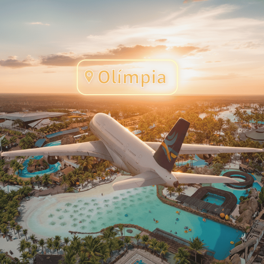Vista aérea realista de um avião chegando a Olímpia, com destaque para o entardecer e os parques aquáticos da cidade.