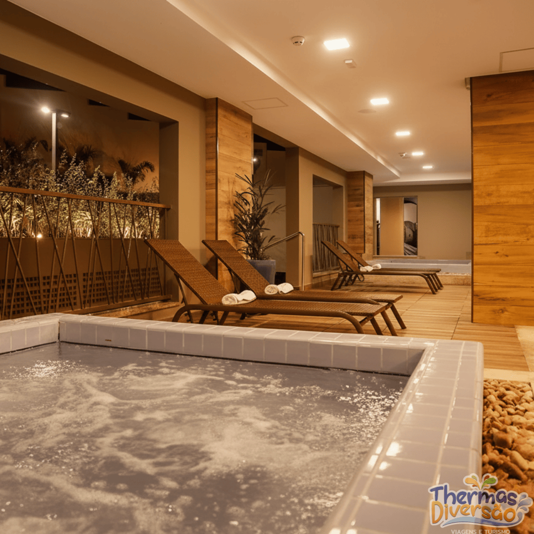 Ambiente sofisticado do spa do Enjoy Olímpia Park Resort, perfeito para relaxar após um dia nas águas termais de Olímpia.