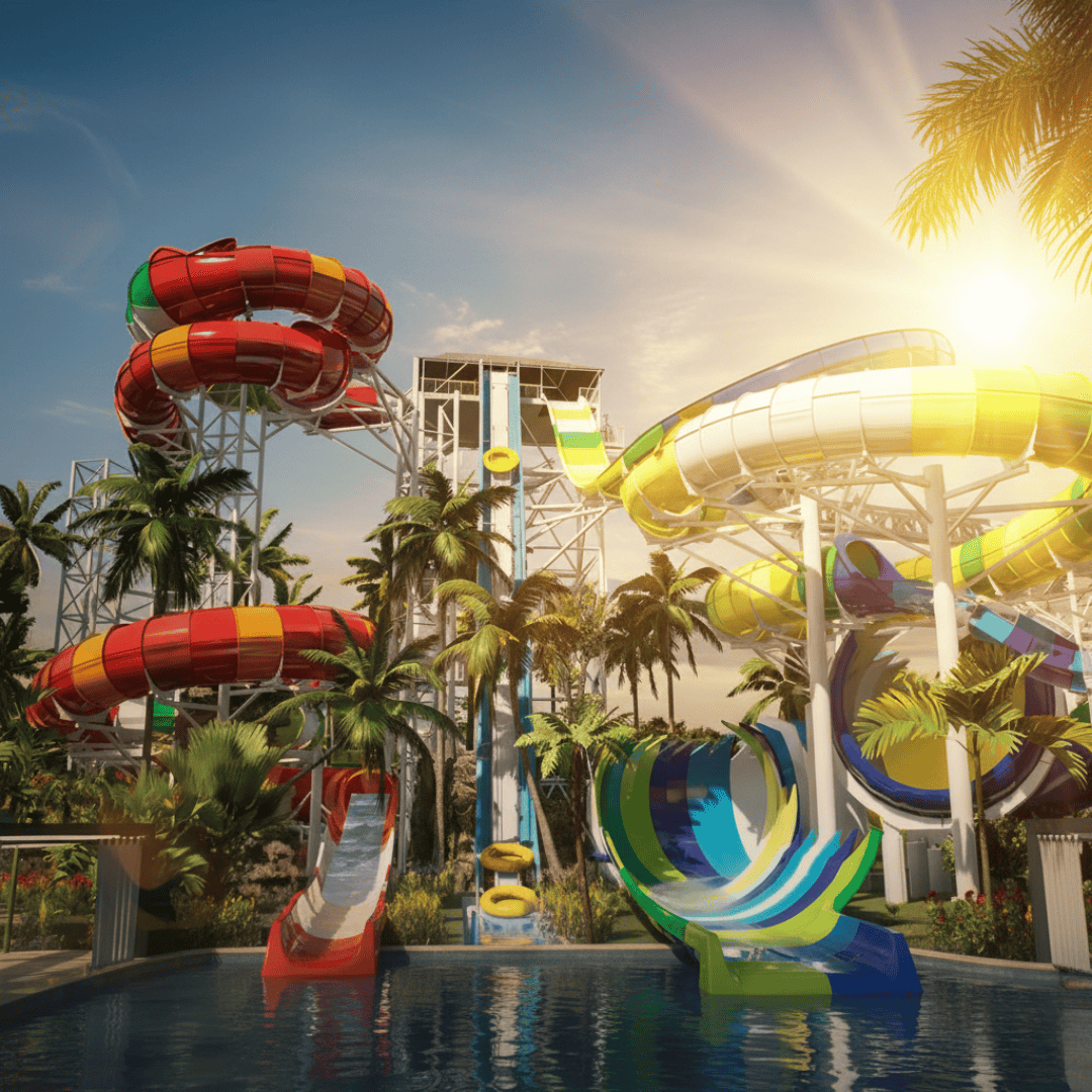 Toboáguas do Thermas dos Laranjais em dia ensolarado, onde surgirá o complexo Nações com as descidas Brasil x Itália.