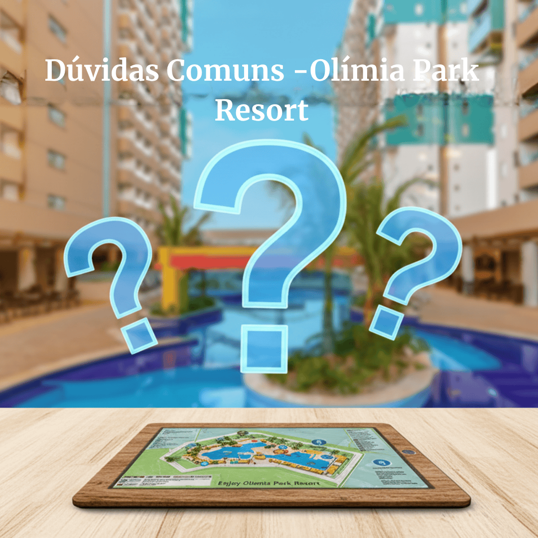 Imagem simbólica das dúvidas mais frequentes sobre o Enjoy Olímpia Park Resort, com destaque para o mapa e ícones de pergunta.