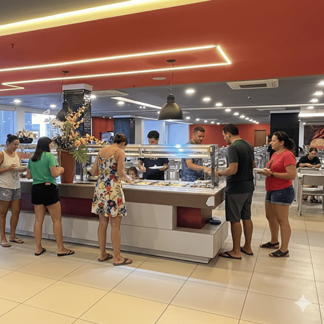 Hóspedes servindo-se no buffet do restaurante principal do Enjoy Olímpia Park Resort, ambiente moderno e climatizado em Olímpia.