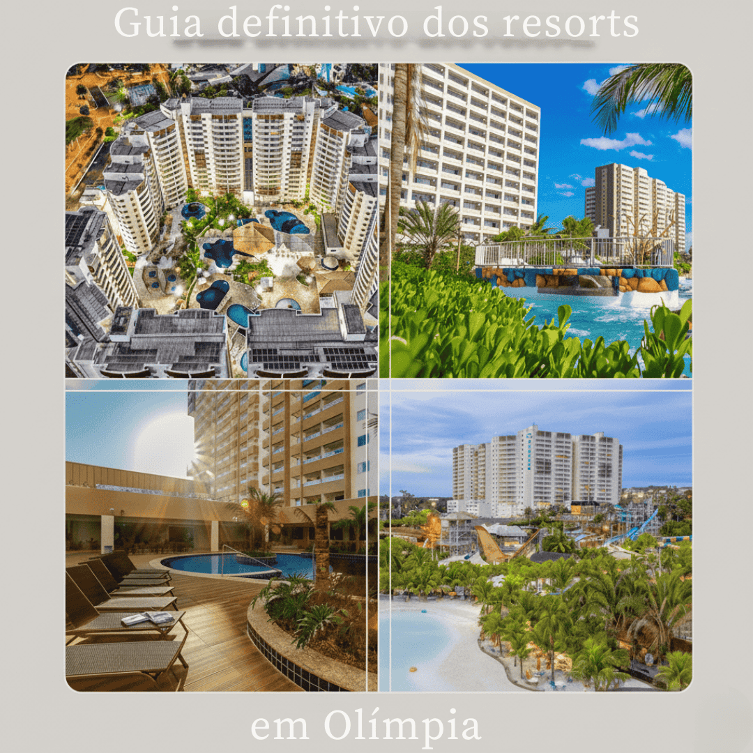 Capa ilustrada com quatro resorts de Olímpia, destacando piscinas, estruturas de lazer e áreas externas que representam as principais opções de hospedagem analisadas no guia definitivo.