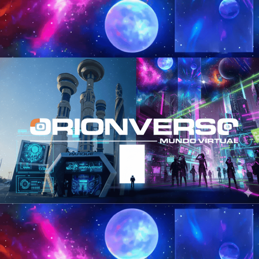 Entrada futurista do Orionverso Mundo Virtual em Olímpia, primeiro parque de realidade virtual da América Latina, com torres imponentes e efeitos luminosos que remetem a um cenário intergaláctico.