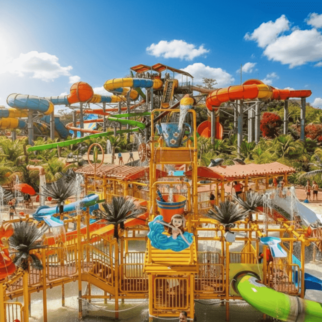 Parque aquático Thermas dos Laranjais em Olímpia, com toboáguas coloridos, área infantil com baldes d’água, escorregadores e diversão para todas as idades sob o sol do interior paulista.