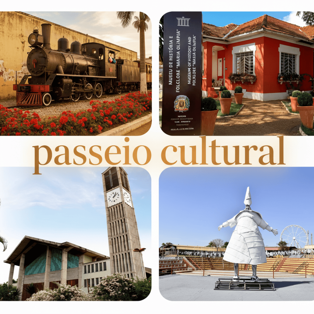 Roteiro cultural de Olímpia reunindo museu, igreja, centro histórico e símbolos do folclore local.