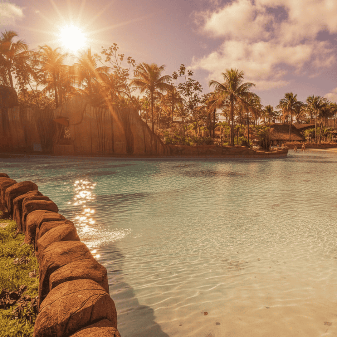 O sol brilha sobre as águas cristalinas, refletindo o charme tropical e o clima quente de Olímpia.