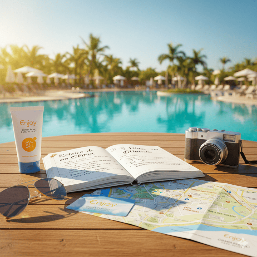 Planejamento de viagem em clima tropical, com mapa e anotações sobre o roteiro de 3 dias em Olímpia, no Enjoy Olímpia Park Resort.