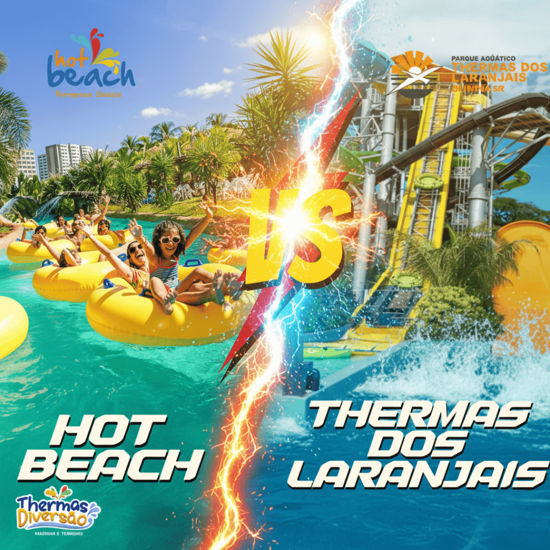 Comparativo entre os parques aquáticos Hot Beach e Thermas dos Laranjais em Olímpia, mostrando visitantes se divertindo nas piscinas e toboáguas.