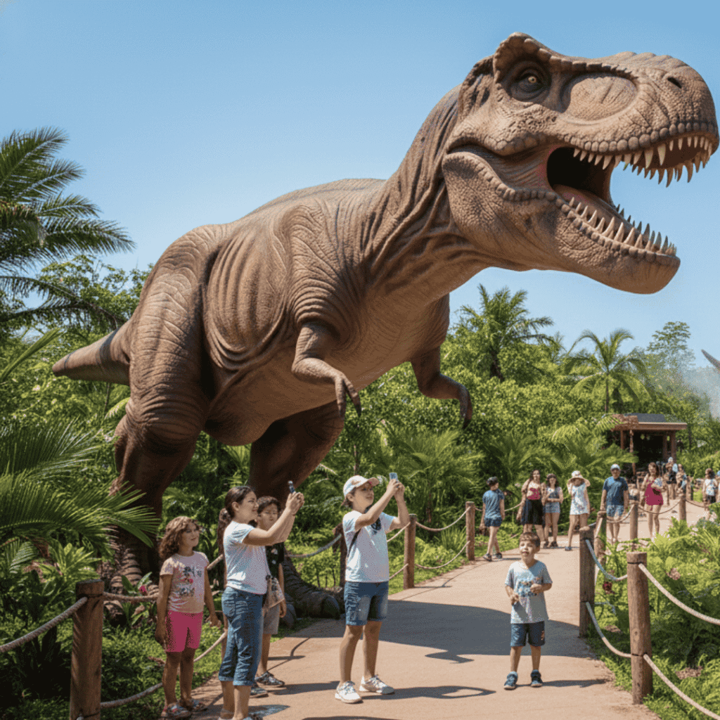 Famílias fotografando réplicas animatrônicas de dinossauros no Vale dos Dinossauros Olímpia, parque temático em Olímpia com atrações pré-históricas e ambiente natural envolvente.