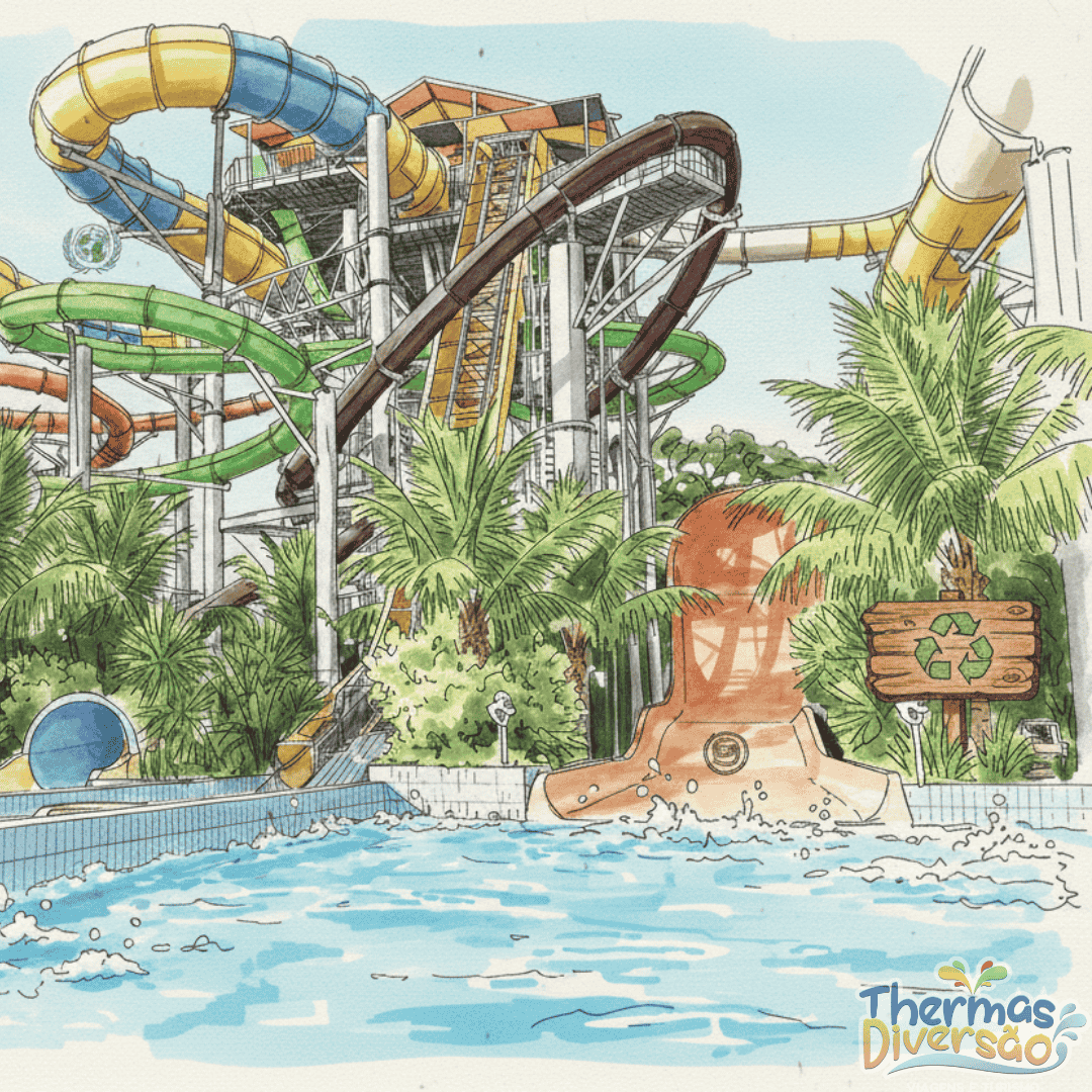 O Thermas dos Laranjais representado em estilo rabisco com símbolos de sustentabilidade integrados ao parque.