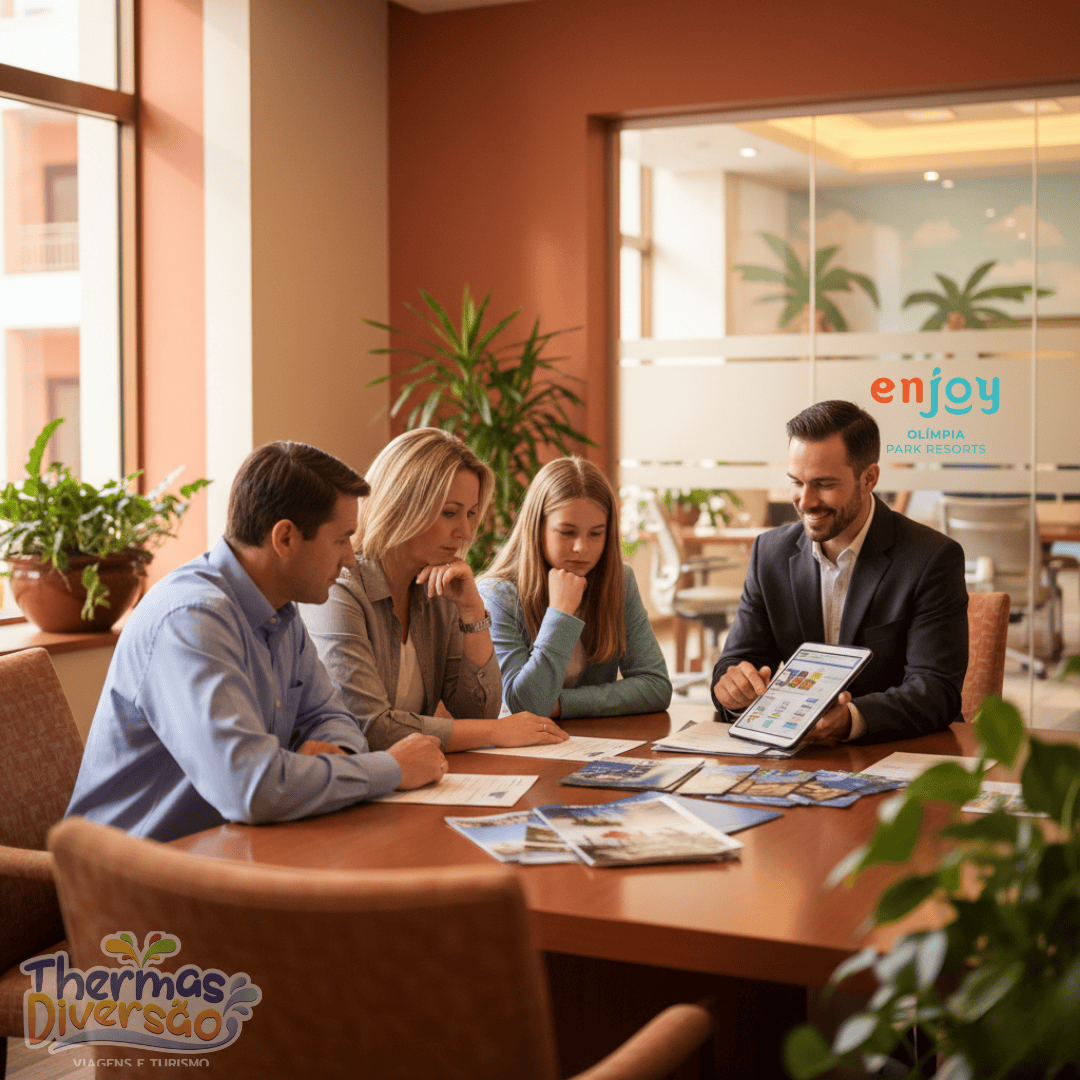Família avaliando uma proposta de time-share durante atendimento no Enjoy Olímpia Park Resort.
