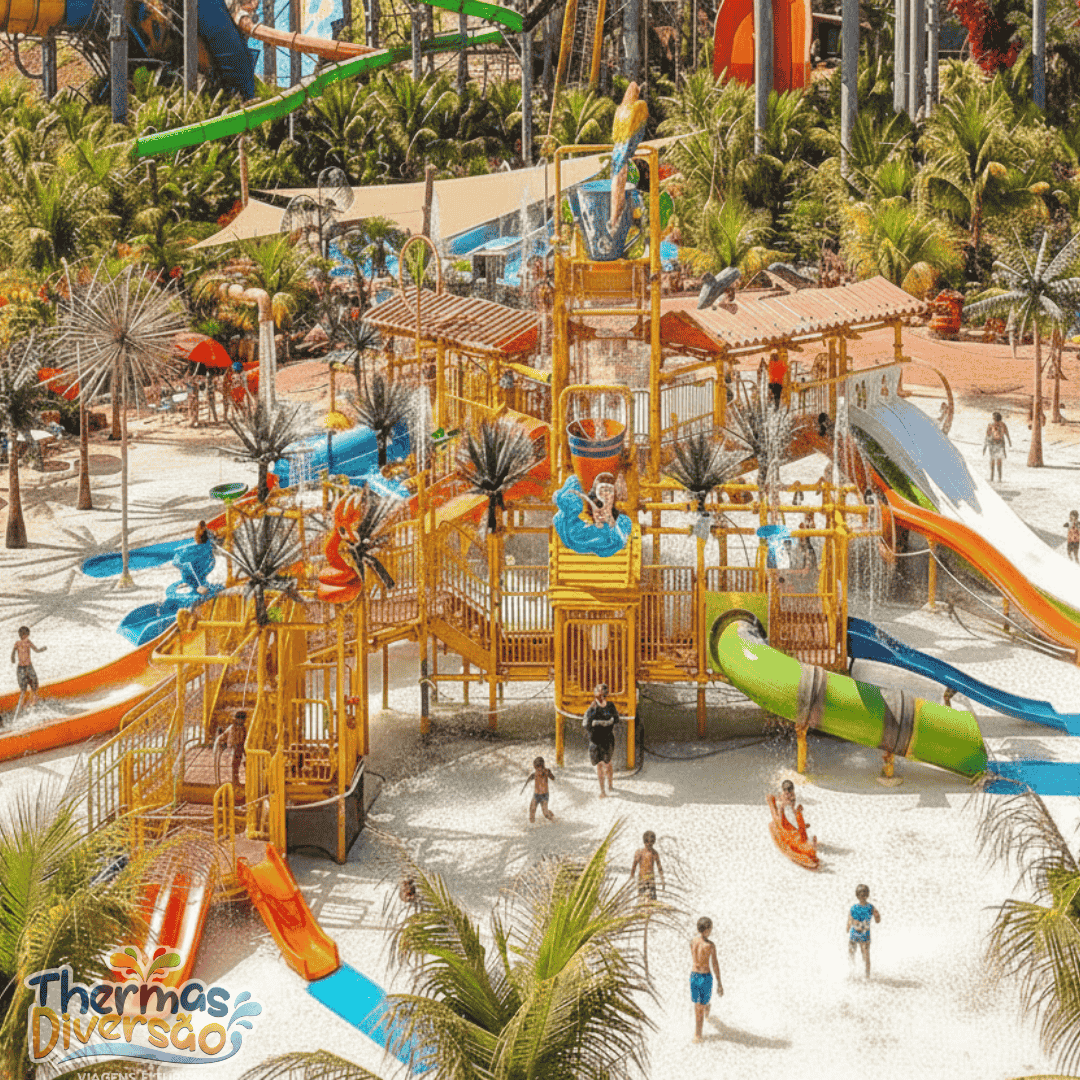 Estrutura infantil do parque com escorregadores e brinquedos aquáticos.