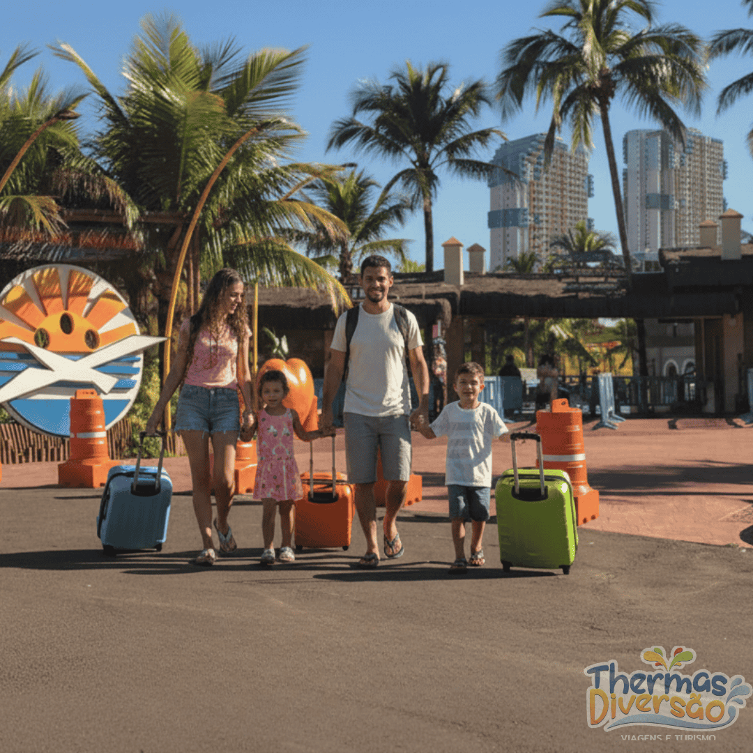 Família chegando a Olímpia com malas, simbolizando viagens feitas nas melhores épocas para garantir tarifas mais baixas.