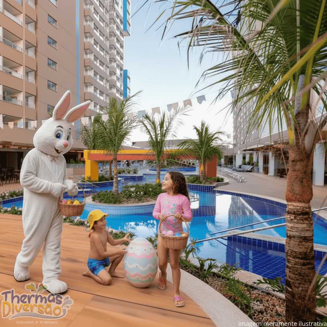 Crianças participam de uma atividade temática de Páscoa ao lado do Coelhinho, em meio à área da piscina do Enjoy Olímpia Park Resort, simbolizando o ambiente acolhedor vivido pelas famílias durante o feriado.
