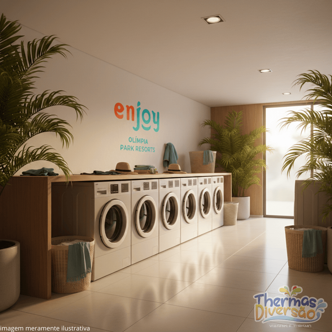 A imagem mostra a lavanderia self-service do Enjoy Olímpia Park Resort, equipada com máquinas modernas, cestos organizadores e um ambiente acolhedor que facilita o dia a dia de quem passa vários dias aproveitando o Thermas dos Laranjais.